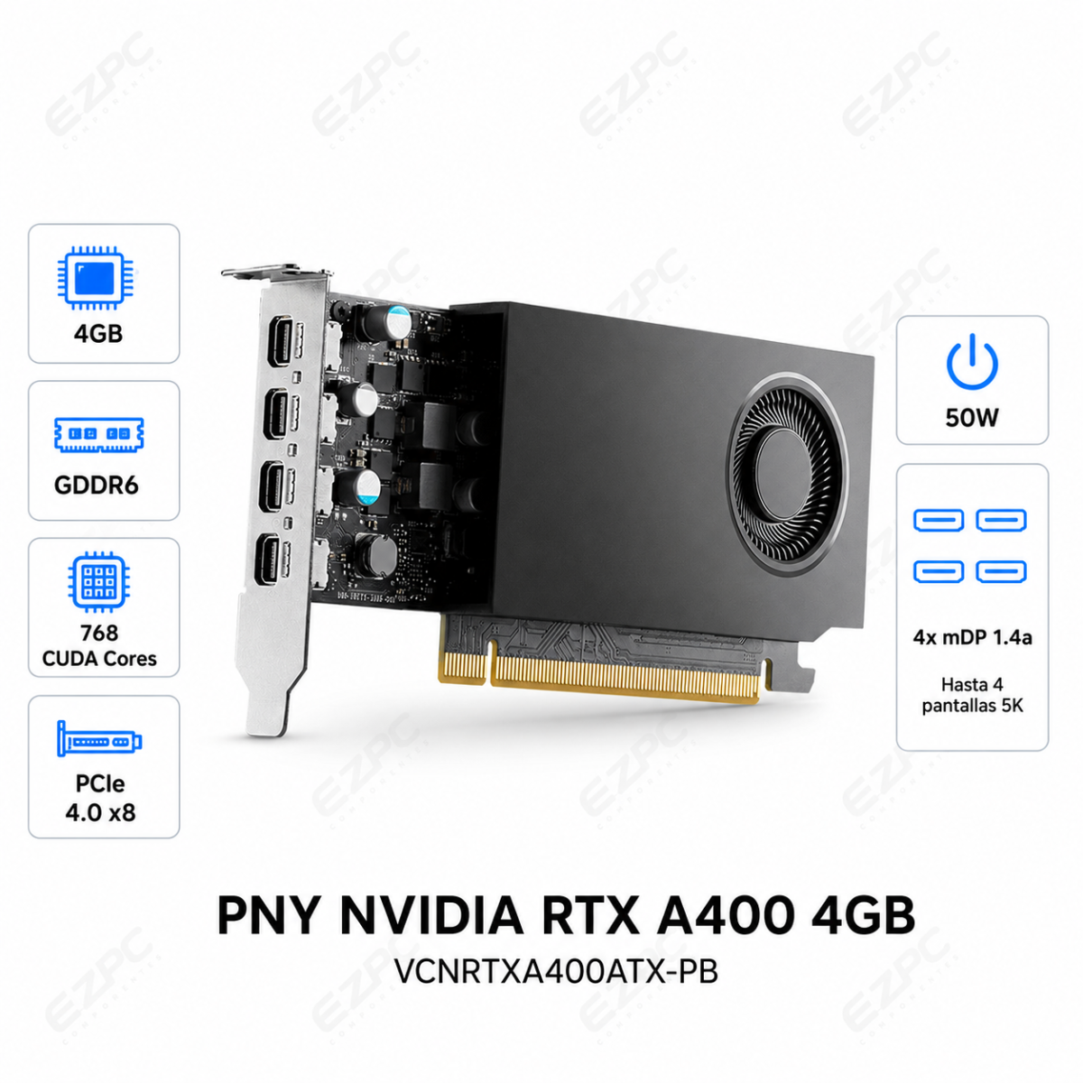 PNY NVIDIA QUADRO RTX A400 4GB GDDR6 64BITS 4xDP (VCNRTXA400ATX-PB)