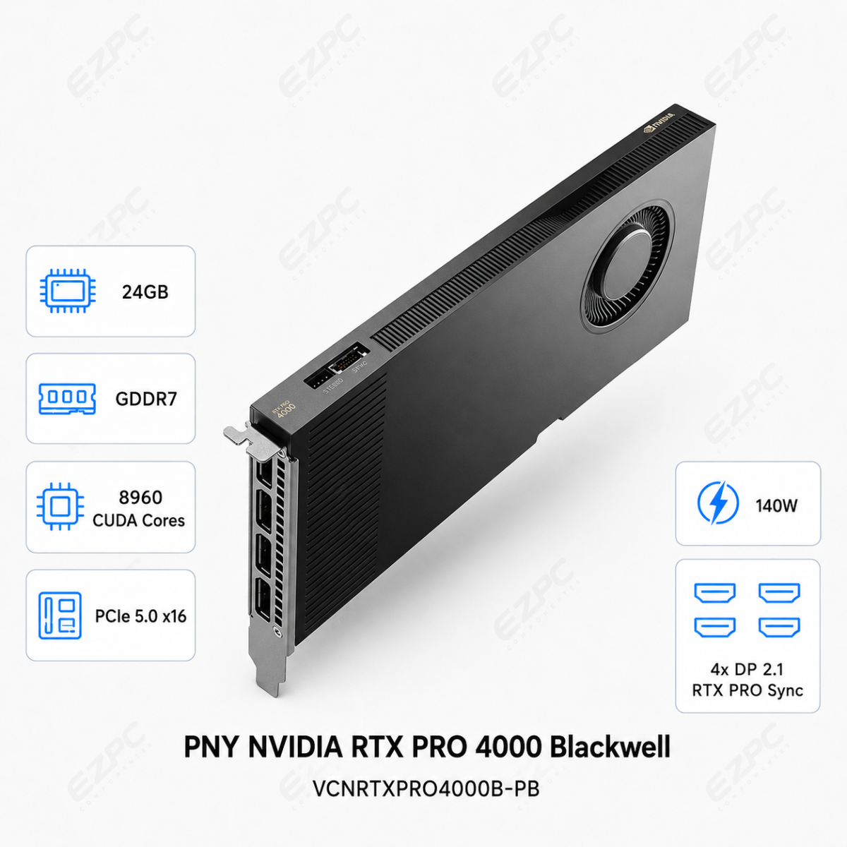 PNY NVIDIA RTX PRO 4000 Blackwell, 24GB 192-bit GDDR7 (VCNRTXPRO4000B-PB)