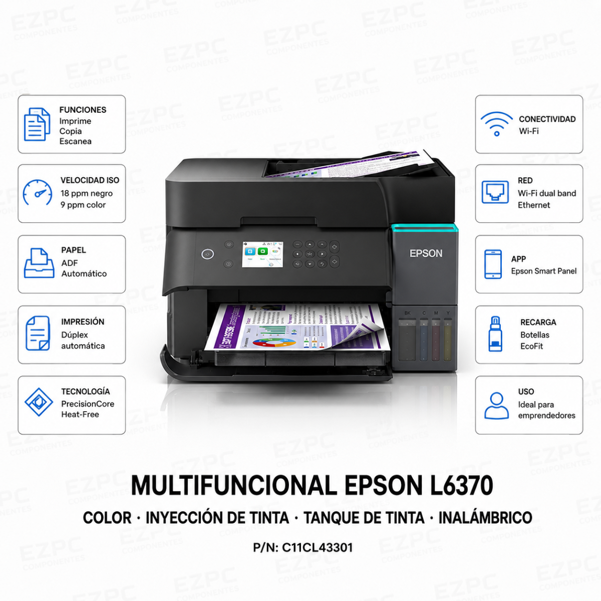 Multifuncional Epson L6370, Color, Inyección de Tinta, Tanque de Tinta, Inalámbrico, Print/Copy/Scan