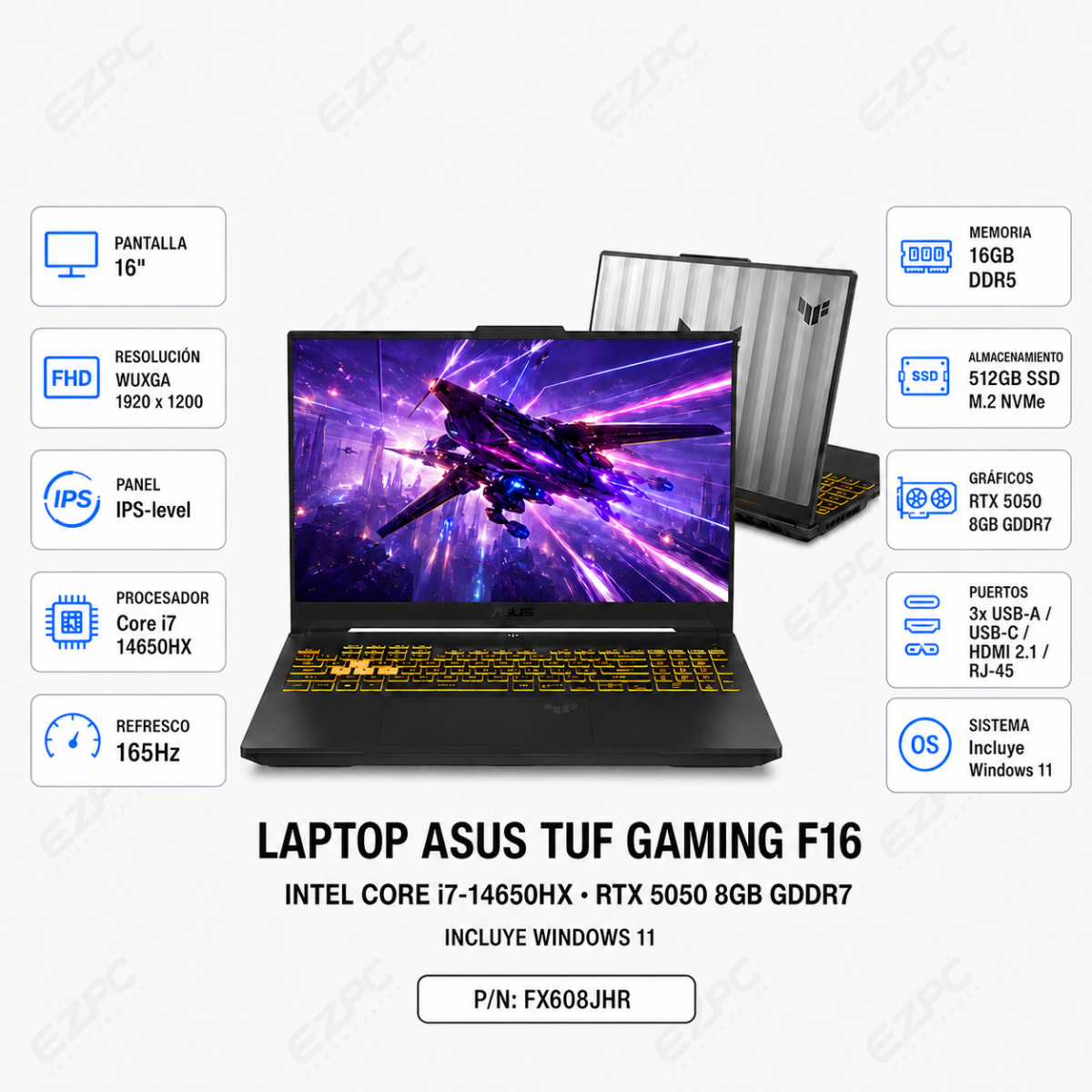 LAPTOP ASUS TUF GAMING F16 FX608JHR, Core i7-14650HX, 16GB DDR5, SSD M.2 512GB, PANTALLA 16″ FHD+ 165Hz, Nvidia RTX 5050 8GB