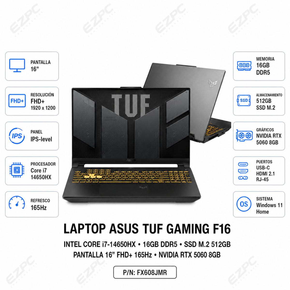 LAPTOP ASUS TUF GAMING F16 FX608JMR, Core i7-14650HX, 16GB DDR5, SSD M.2 512GB, PANTALLA 16″ FHD+ 165Hz, Nvidia RTX 5060 8GB