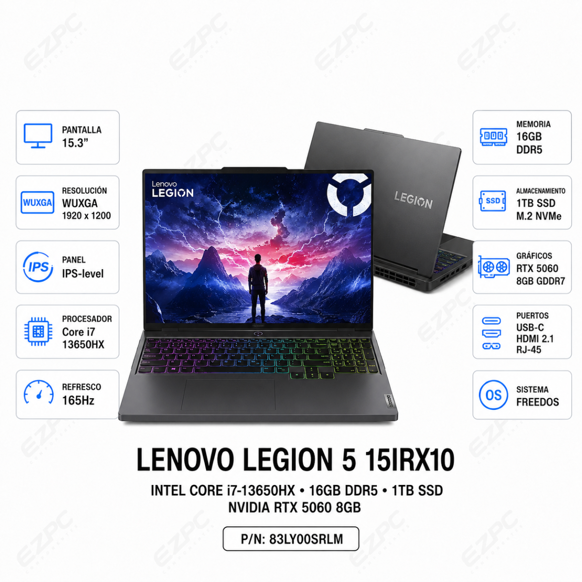 Lenovo Legion 5 15IRX10 15.3" WUXGA Core i7-13650HX, 16GB DDR5, 1TB SSD, RTX 5060 8GB, FREEDOS