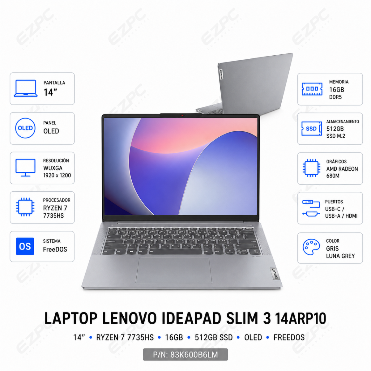 Laptop Lenovo Ideapad Slim 3 14arp10 14 Ryzen 7 7735hs 16gb 512gb Ssd Oled FreeDos , Gris (83K600B6LM)
