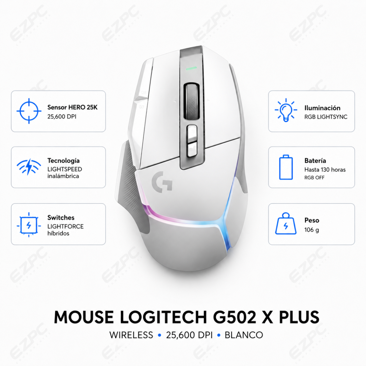 Mouse Gamer Logitech G502 X Plus, Wireless, Óptico, 25.600DPI, Blanco