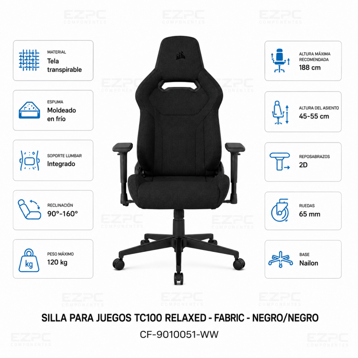 Silla Gamer Corsair TC100 Polipiel Negro Cuero Sintétic