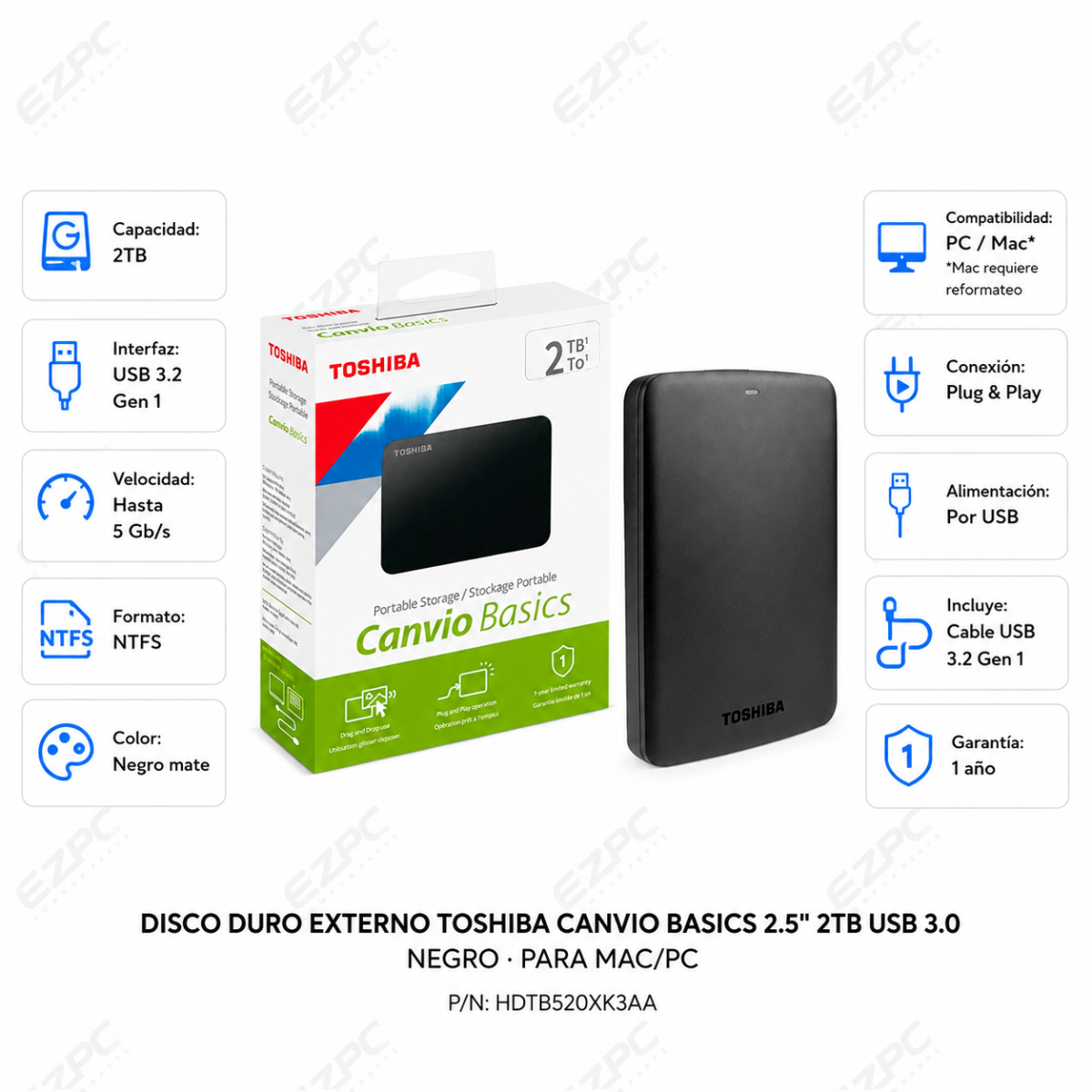 Disco Duro Externo Toshiba Canvio Basics 2.5", 2TB, USB 3.0, Negro - para Mac/PC
