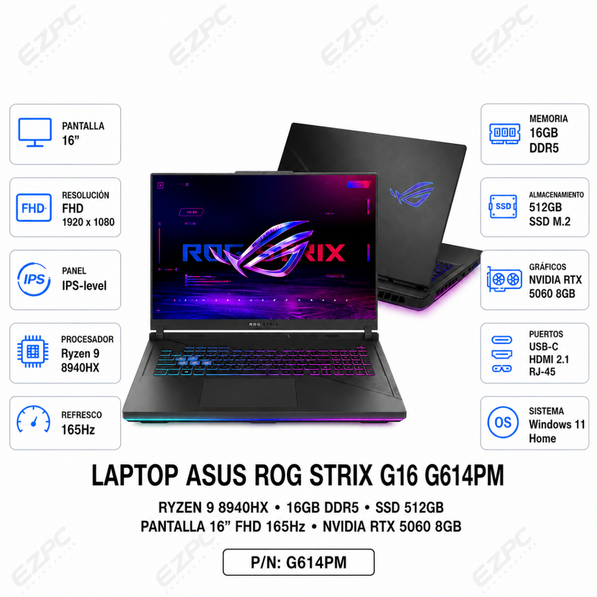 Laptop Asus ROG Strix G16 G614PM Ryzen 9 8940HX, 16GB DDR5, SSD 512GB, 16" FHD 165Hz, RTX 5060 8GB