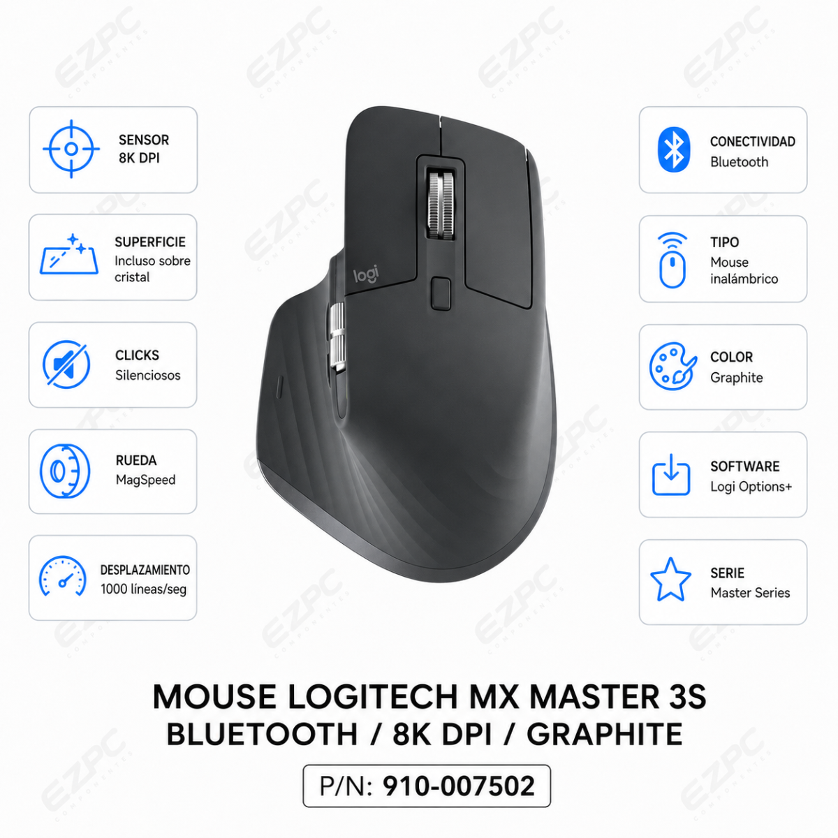 Mouse Ergonómico Logitech MX Master 3S, Inalámbrico, Óptico, 8.000DPI, USB-C, Negro