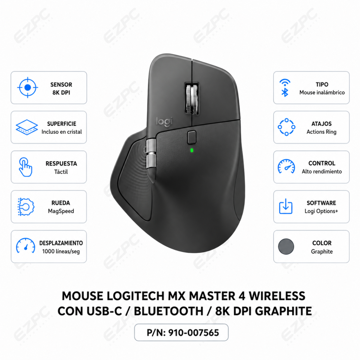 Mouse Ergonómico Logitech MX Master 4, Inalámbrico, BlueEye, 8.000DPI, Bluetooth, Negro