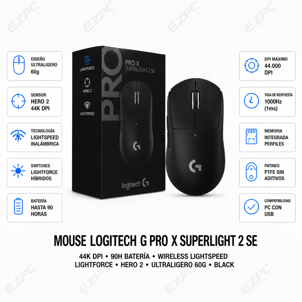 Mouse Gamer Logitech Pro X Superlight 2 SE, Wireless, Lightspeed, Hero 2, Black