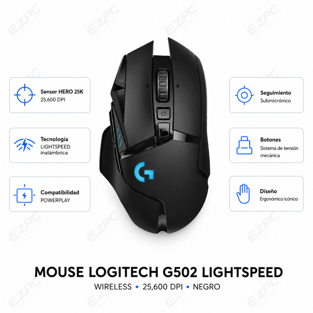 Mouse Gamer Logitech G502 Hero Lightspeed, Wireless, USB, 16000DPI, Negro