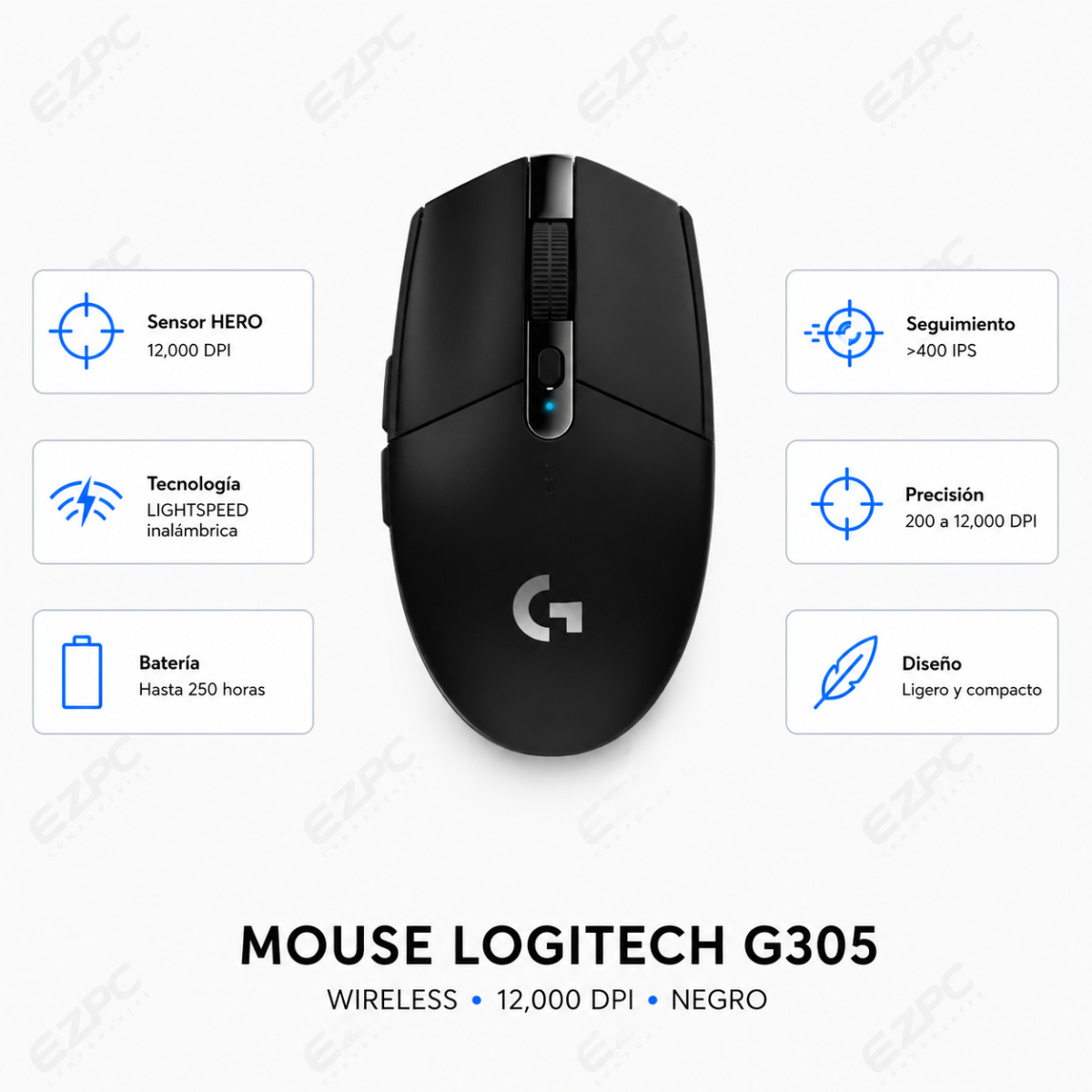 Mouse Gamer Logitech G305, Wireless, USB, 12.000DPI, Negro