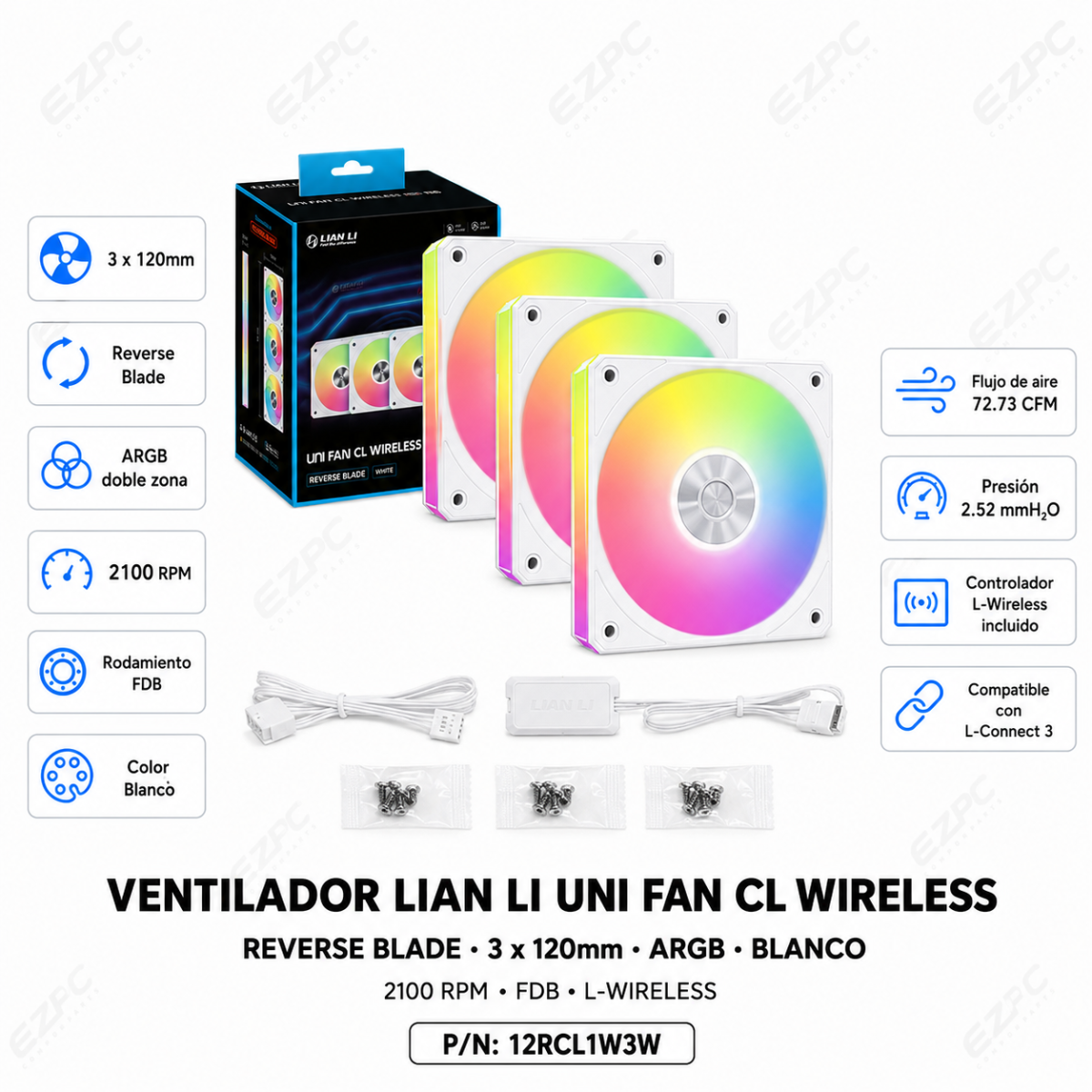 Ventilador Lian Li UNI FAN CL Wireless Reverse Blade, 3x 120mm, 2150RPM, ARGB, Blanco