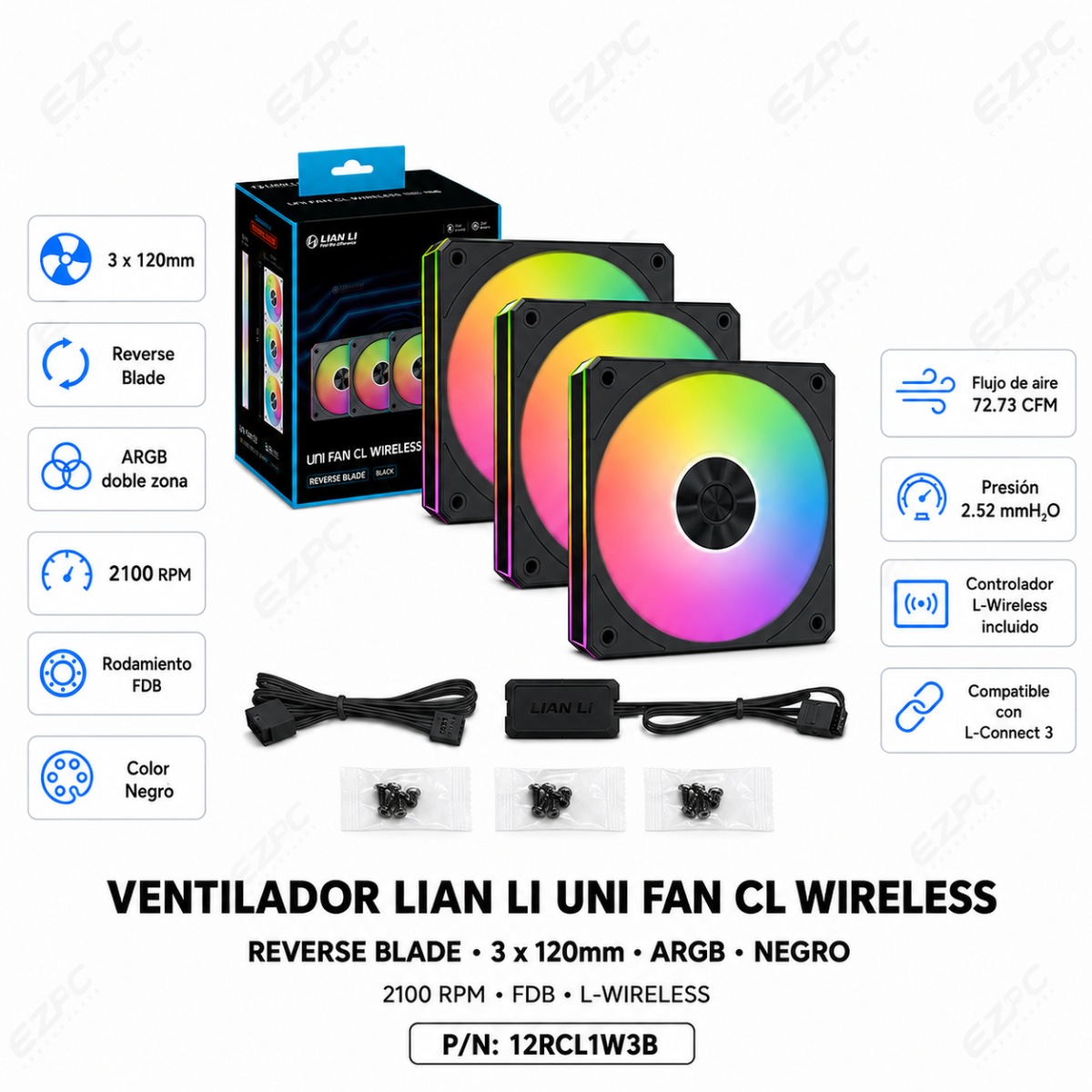 Ventilador Lian Li UNI FAN CL Wireless Reverse Blade, 3x 120mm, 2150RPM, ARGB, Negro