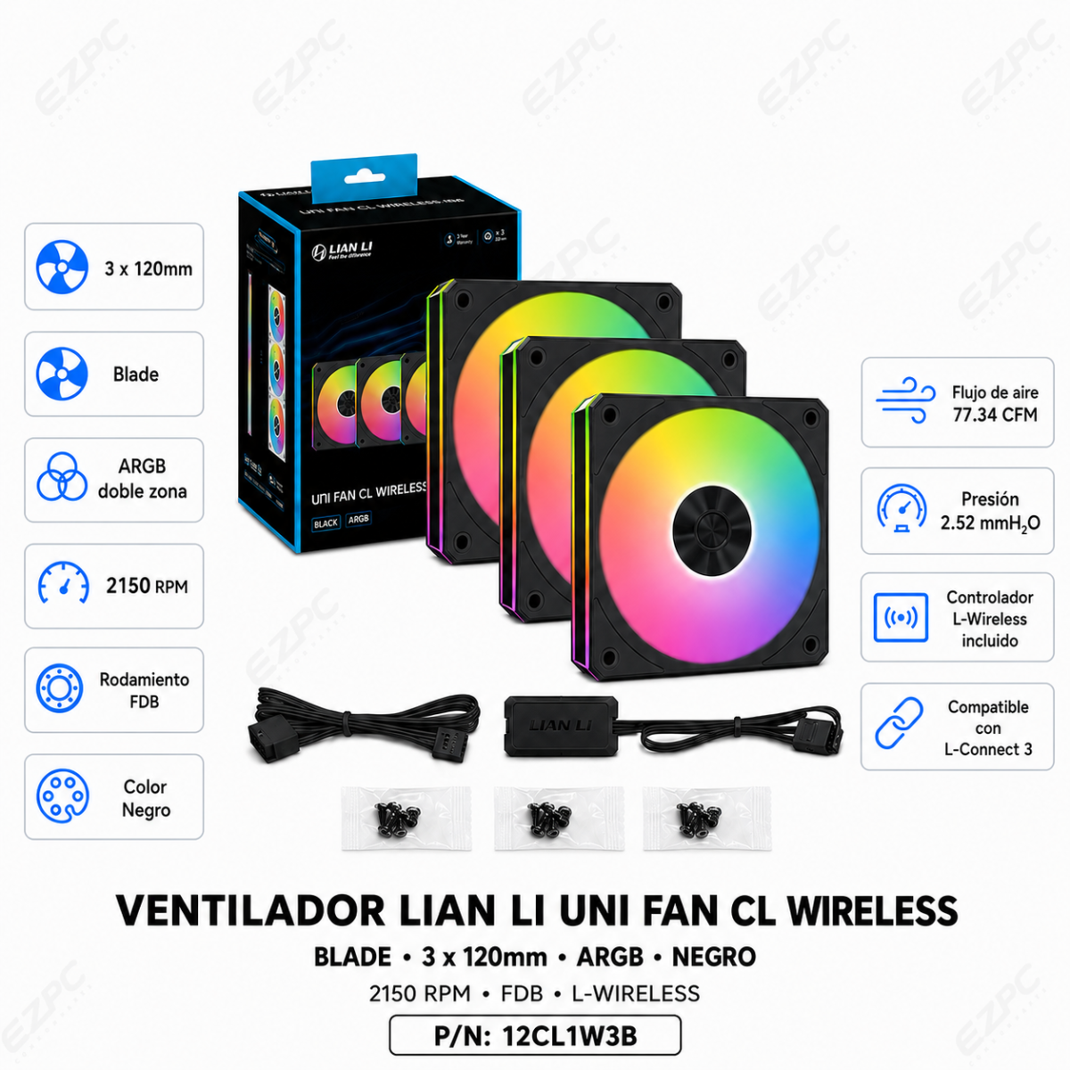 Ventilador Lian Li UNI FAN CL Wireless Blade, 3x 120mm, 2150RPM, ARGB, Negro